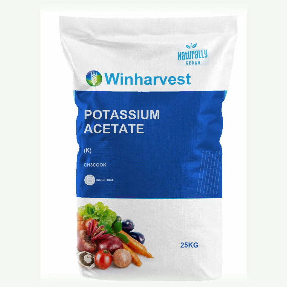 WinHarvest small-pack sack representative packaging for Potassium Acetate, printed with its controlled category theme, dynamic product icons, analysis and formula information; not an approved product-specific packaging photograph