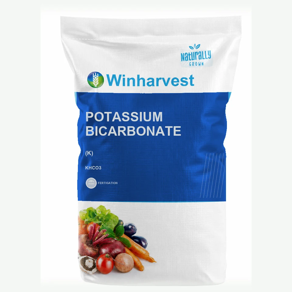 WinHarvest small-pack sack representative packaging for Potassium Bicarbonate, printed with its controlled category theme, dynamic product icons, analysis and formula information; not an approved product-specific packaging photograph