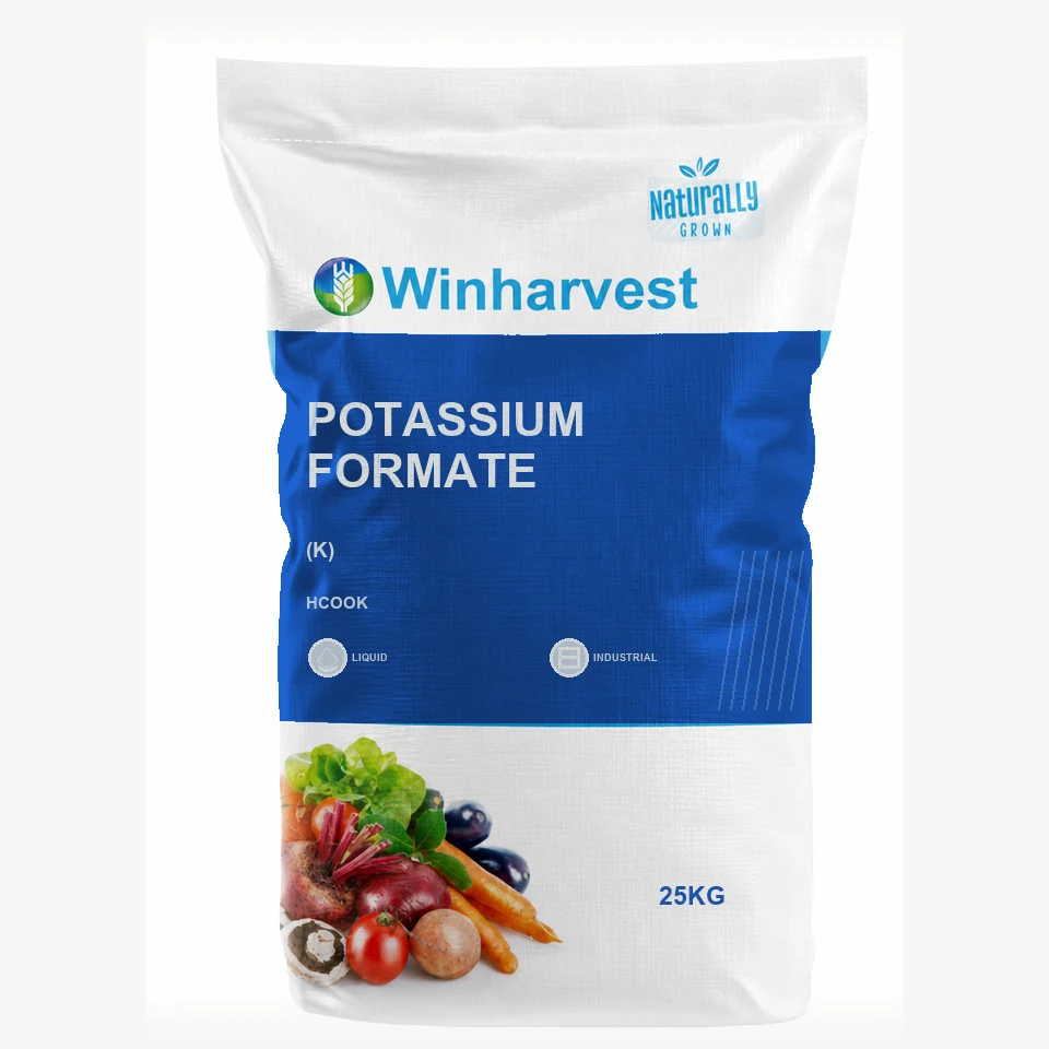 WinHarvest small-pack sack representative packaging for Potassium Formate, printed with its controlled category theme, dynamic product icons, analysis and formula information; not an approved product-specific packaging photograph