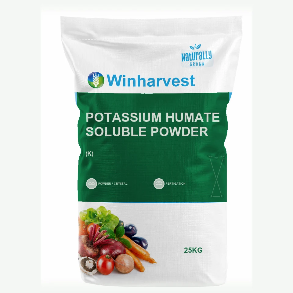WinHarvest small-pack sack representative packaging for Potassium Humate Soluble Powder, printed with its controlled category theme, dynamic product icons, analysis and formula information; not an approved product-specific packaging photograph