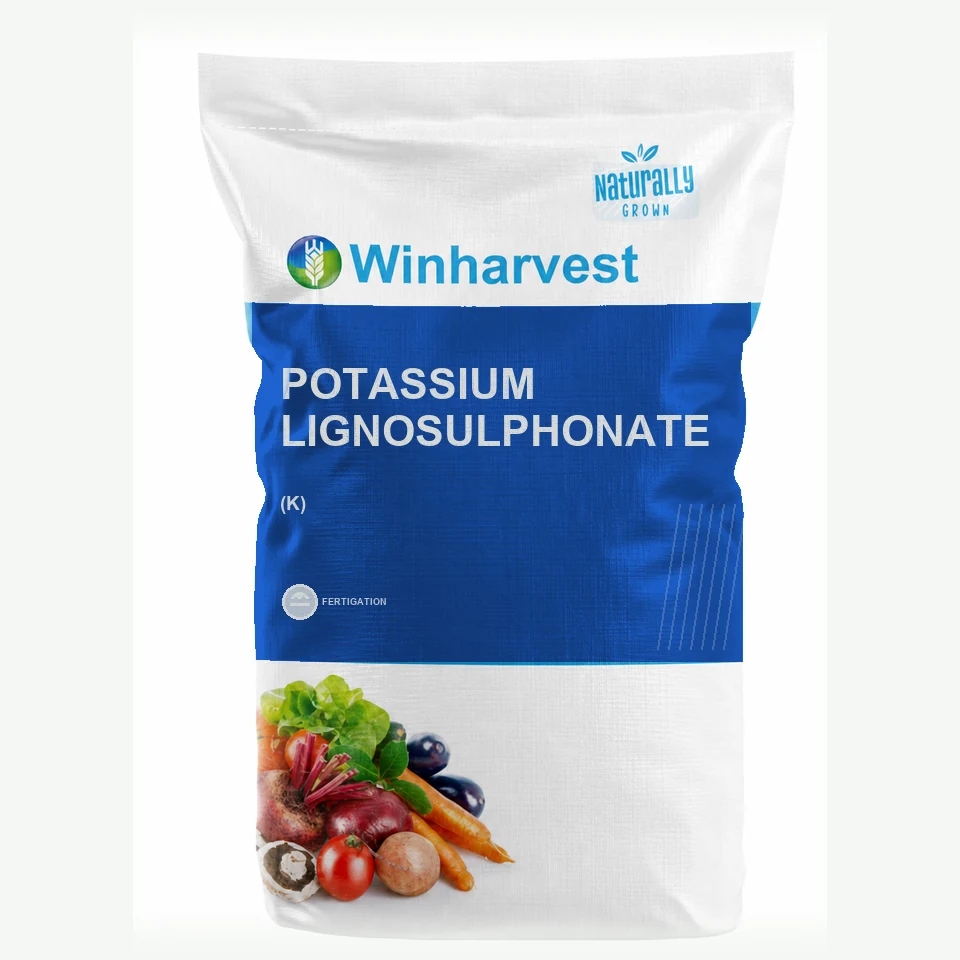 WinHarvest small-pack sack representative packaging for Potassium Lignosulphonate, printed with its controlled category theme, dynamic product icons, analysis and formula information; not an approved product-specific packaging photograph