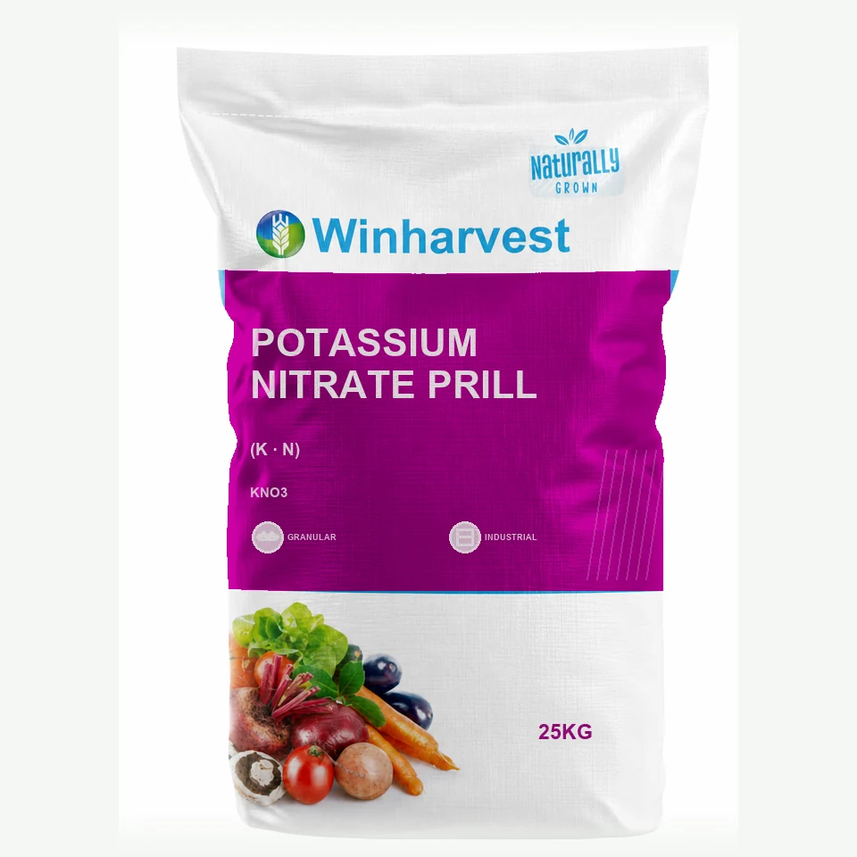 WinHarvest small-pack sack representative packaging for Potassium Nitrate Prill, printed with its controlled category theme, dynamic product icons, analysis and formula information; not an approved product-specific packaging photograph