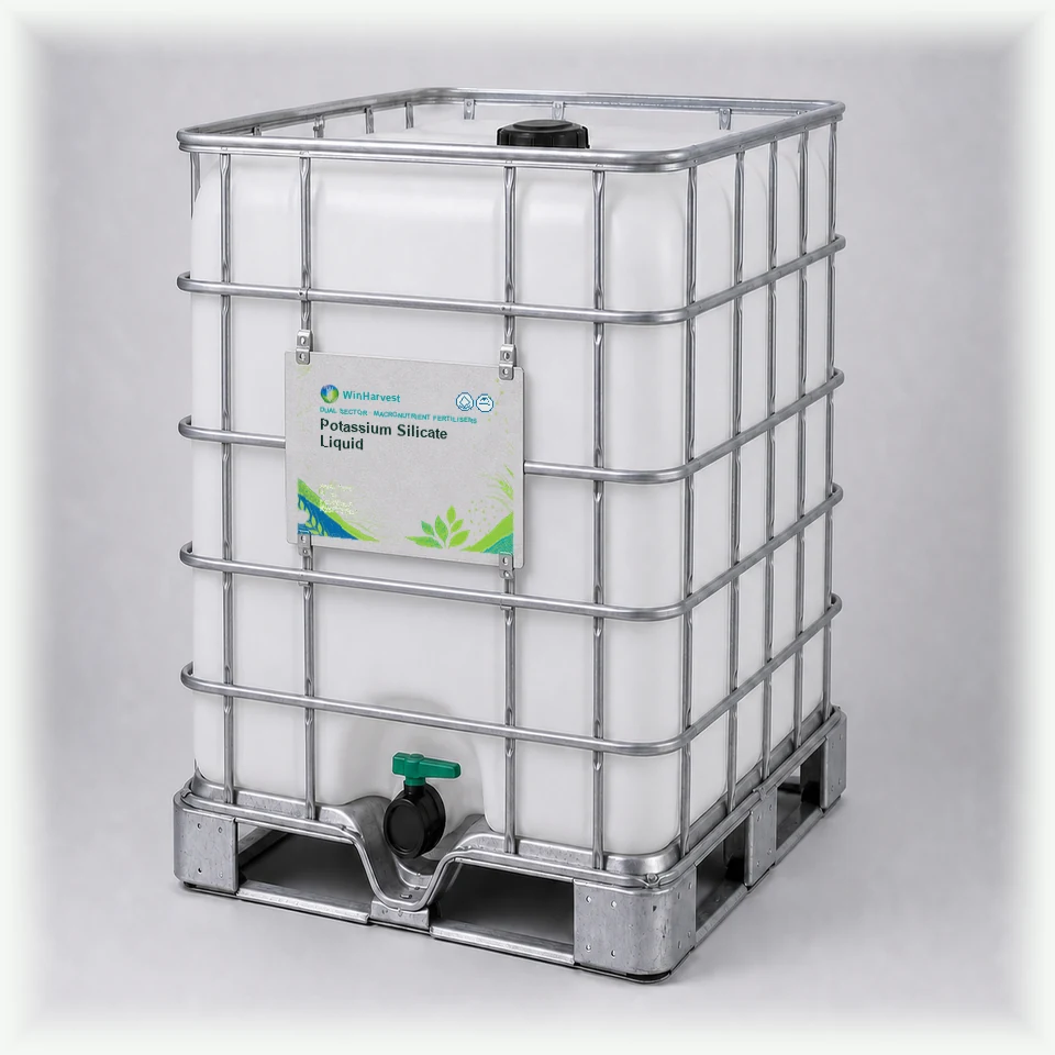 WinHarvest liquid IBC representative packaging for Potassium Silicate Liquid, printed with its controlled category theme, dynamic product icons, analysis and formula information; not an approved product-specific packaging photograph