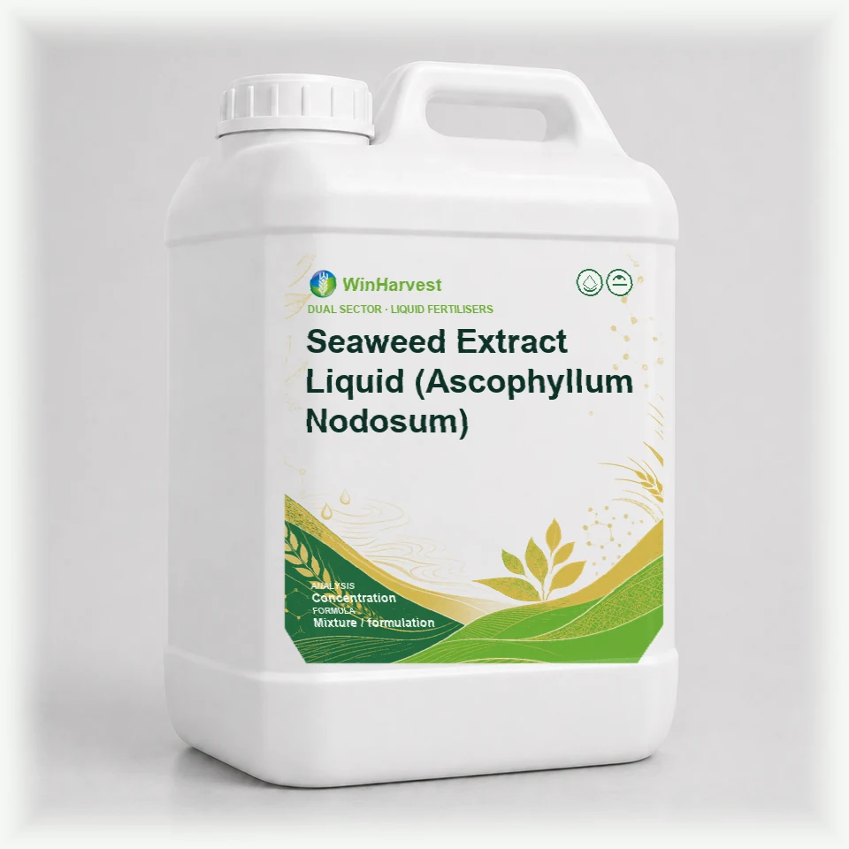 WinHarvest small liquid container representative packaging for Seaweed Extract Liquid (Ascophyllum Nodosum), printed with its controlled category theme, dynamic product icons, analysis and formula information; not an approved product-specific packaging photograph