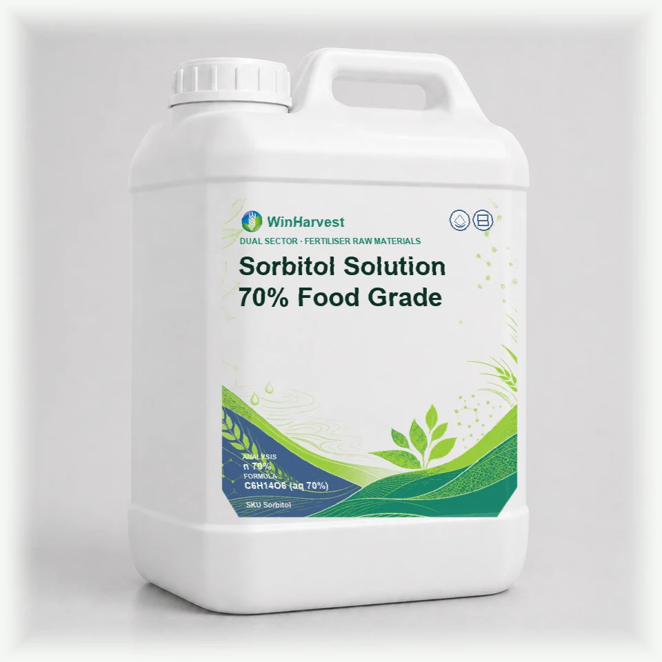 WinHarvest small liquid container representative packaging for Sorbitol Solution 70% Food Grade, printed with its controlled category theme, dynamic product icons, analysis and formula information; not an approved product-specific packaging photograph