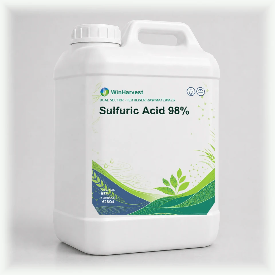 WinHarvest small liquid container representative packaging for Sulfuric Acid 98%, printed with its controlled category theme, dynamic product icons, analysis and formula information; not an approved product-specific packaging photograph