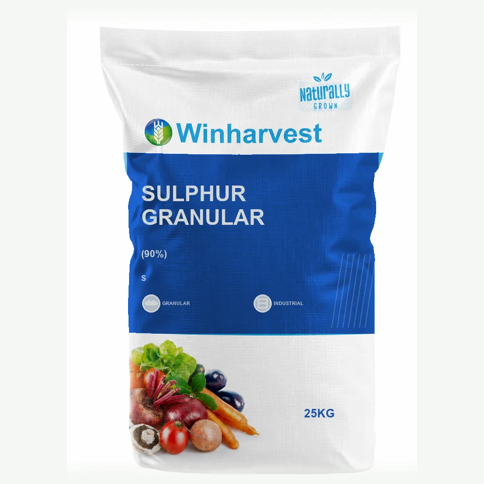 WinHarvest small-pack sack representative packaging for Sulphur Granular, printed with its controlled category theme, dynamic product icons, analysis and formula information; not an approved product-specific packaging photograph