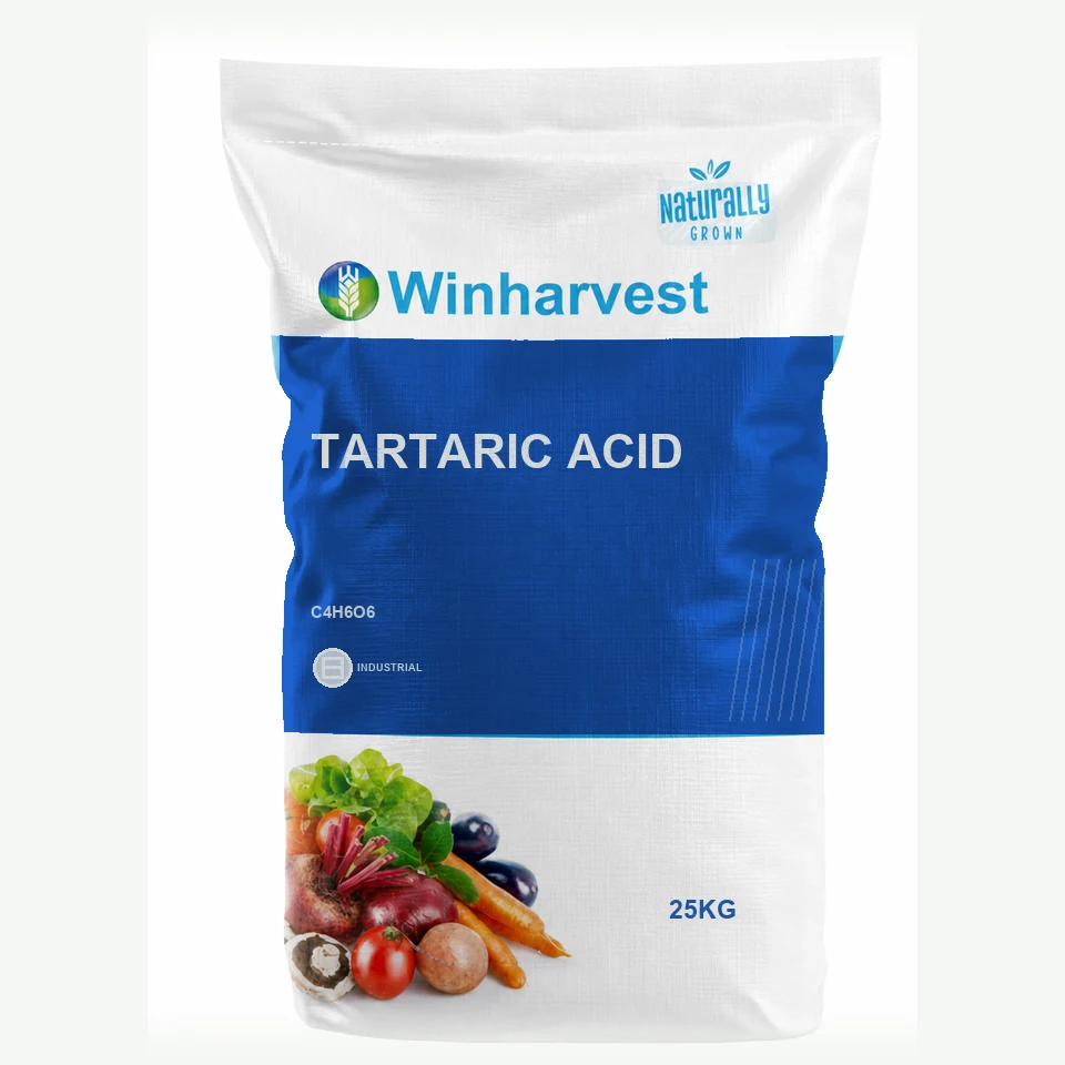 WinHarvest small-pack sack representative packaging for Tartaric Acid, printed with its controlled category theme, dynamic product icons, analysis and formula information; not an approved product-specific packaging photograph