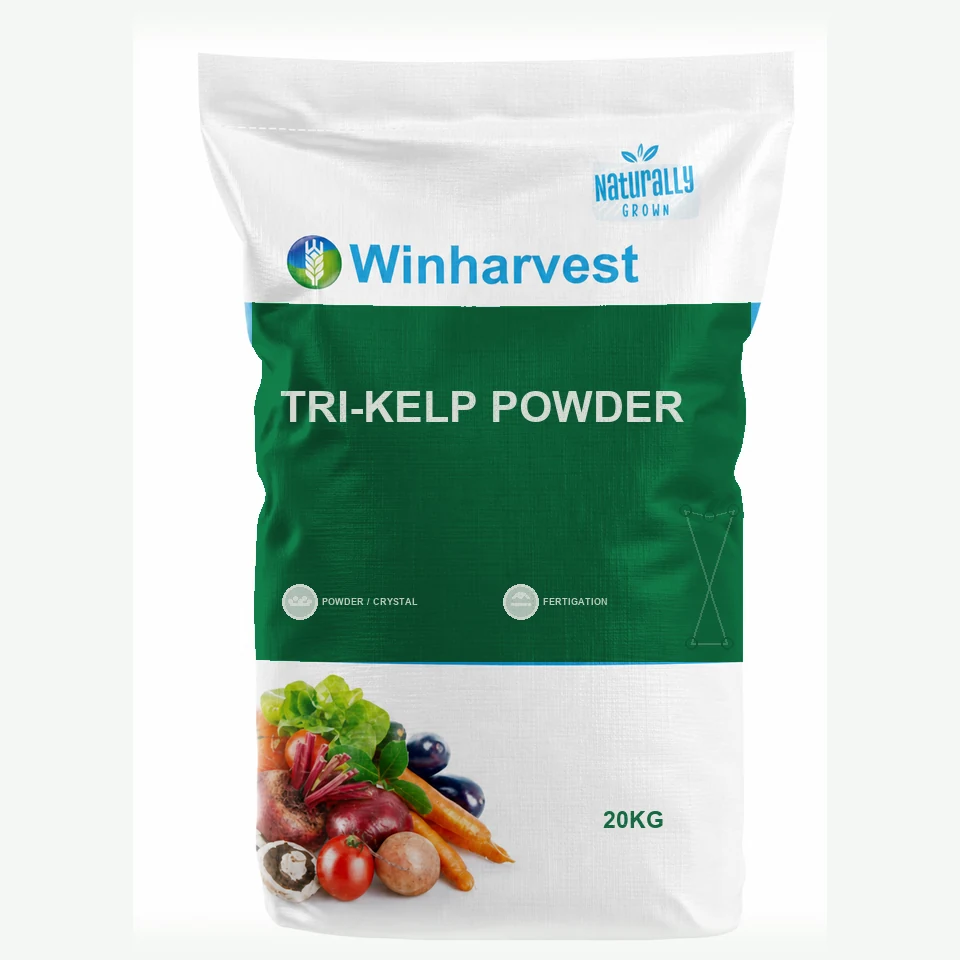 WinHarvest small-pack sack representative packaging for Tri-Kelp Powder, printed with its controlled category theme, dynamic product icons, analysis and formula information; not an approved product-specific packaging photograph