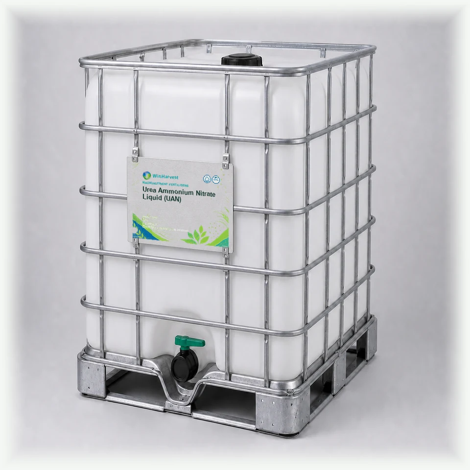 WinHarvest liquid IBC representative packaging for Urea Ammonium Nitrate Liquid (UAN), printed with its controlled category theme, dynamic product icons, analysis and formula information; not an approved product-specific packaging photograph