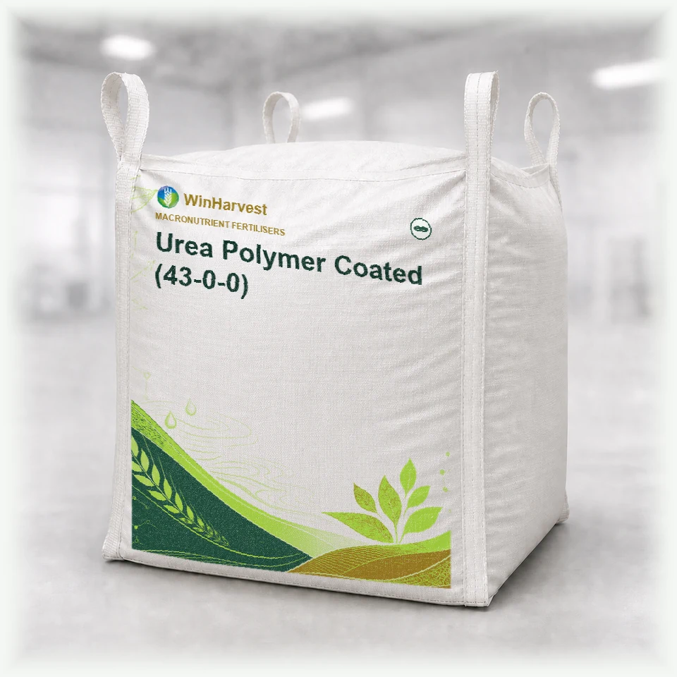 WinHarvest bulk FIBC representative packaging for Urea Polymer Coated (43-0-0), printed with its controlled category theme, dynamic product icons, analysis and formula information; not an approved product-specific packaging photograph
