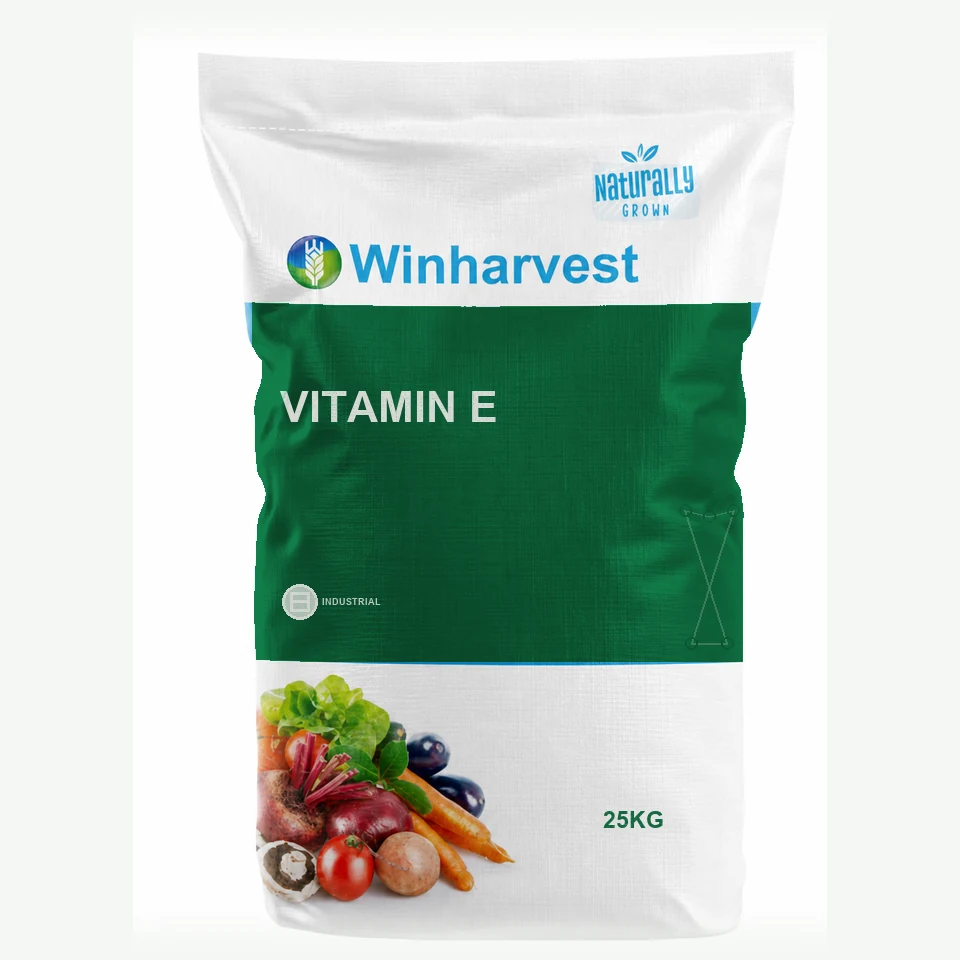 WinHarvest small-pack sack representative packaging for Vitamin E, printed with its controlled category theme, dynamic product icons, analysis and formula information; not an approved product-specific packaging photograph