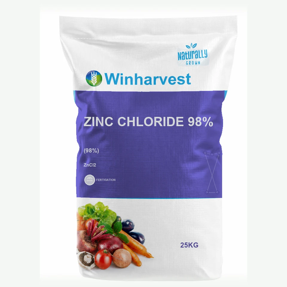 WinHarvest small-pack sack representative packaging for Zinc Chloride 98%, printed with its controlled category theme, dynamic product icons, analysis and formula information; not an approved product-specific packaging photograph