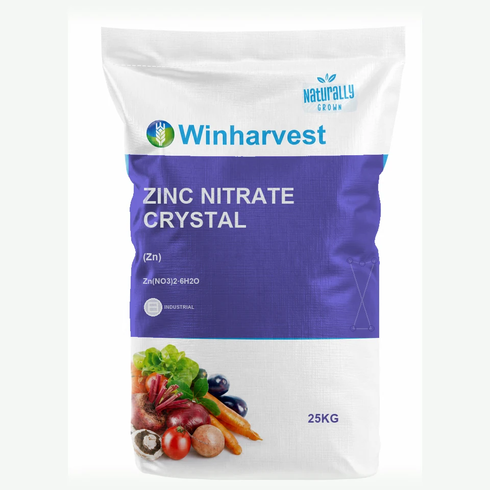 WinHarvest small-pack sack representative packaging for Zinc Nitrate Crystal, printed with its controlled category theme, dynamic product icons, analysis and formula information; not an approved product-specific packaging photograph