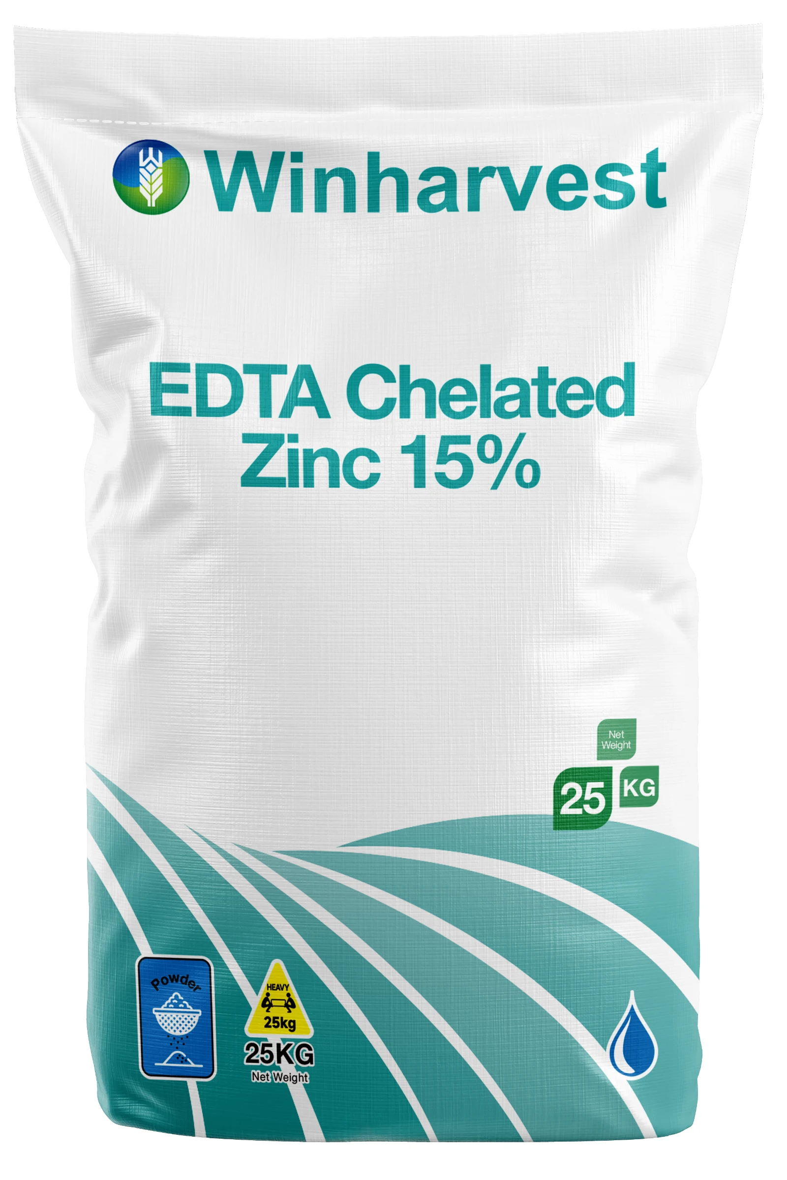 WinHarvest small-pack sack representative packaging for EDTA Zinc (Zn 15%), printed with its controlled category theme, dynamic product icons, analysis and formula information; not an approved product-specific packaging photograph